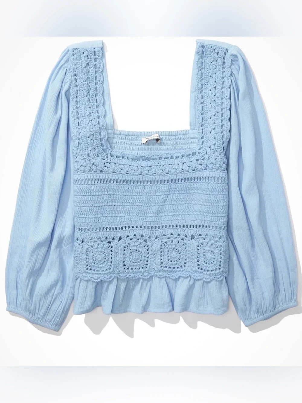 American Eagle size Medium Light Blue Cottagecore Crochet Peasant Boho Blouse
